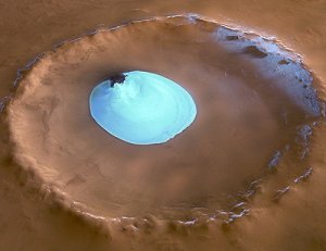 [photo of an ice lake in a crater on Mars]