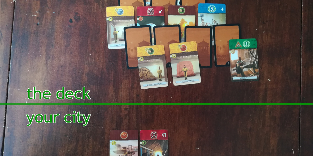 Photo showing part of a table with two sets of playing cards on top, spread out. A text overlay says «the deck» for the top set and «your city» for the bottom.