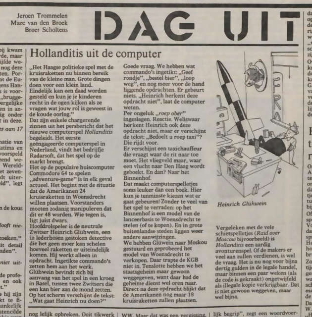 [knipsel uit de Volkskrant met een cartoon van Heinrich Glühwein in een kantoor met een kruisraket.]