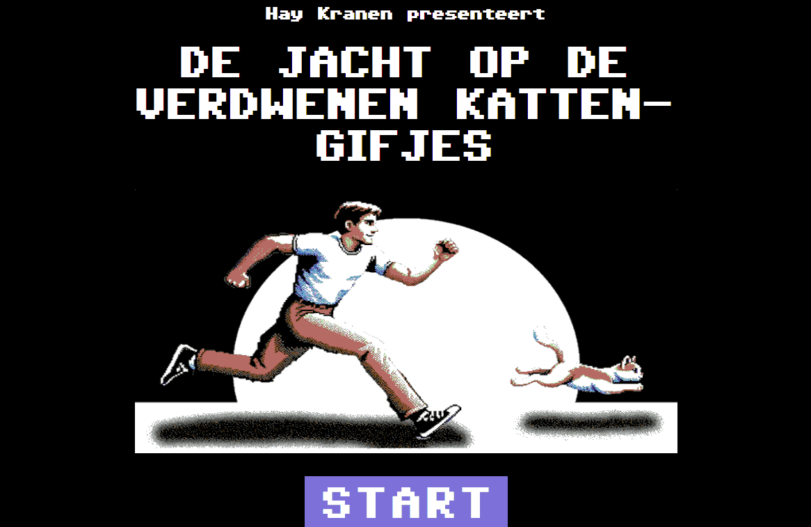 [schermafdruk van het openingsscherm: Gepixeleerde afbeelding van een blanke man in een wit T-shirt, een rode spijkerbroek en zwart-witte sneakers die een rood-witte kat achterna holt. Daarboven de tekst: 'Hay Kranen presenteert De jacht op de verdwenen kattengifjes'. Eronder een knop met de tekst 'Start'.]